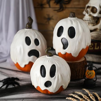 Halloscume 3 Pcs Halloween Ghost Pumpkins Figurines Resin Pumpkins Decor