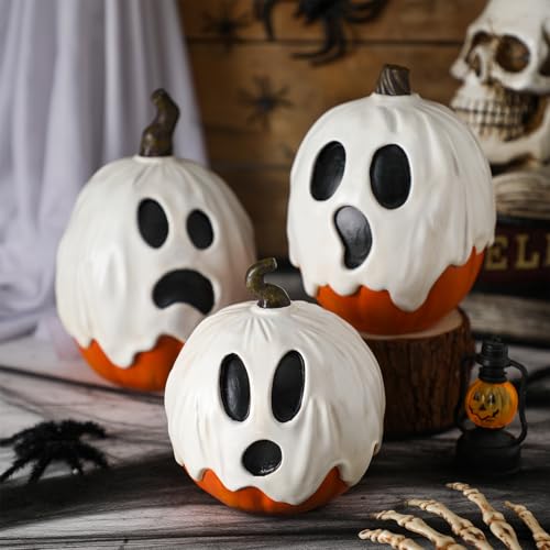 Halloscume 3 Pcs Halloween Ghost Pumpkins Figurines Resin Pumpkins Decor