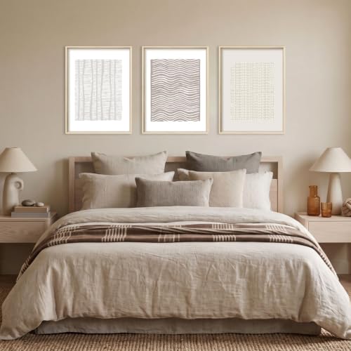 Aryroi Beige White Abstract Neutral Framed Canvas Wall Art Set- 12"x16"x3 - color: Boho Geometry Line Wall Art - White Oak Framed, size: 12"L x 16"W