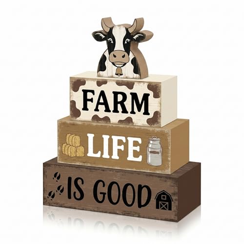 Britimes Tiered Tray Decor Set, 4 Pack, Wooden Table Sign, Farmhouse Cow - style: Black and White Cow