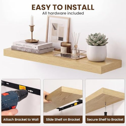 Dreamland 55Inch Oak Floating Shelves 10" Deep Wall Mounted Set of 2 - color: Oak, size: 10"D x 55"L