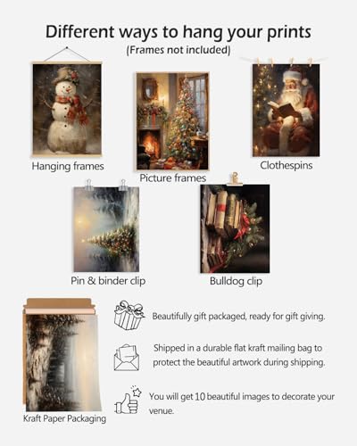 KBKBART Christmas Wall Art Prints Set of 10 Rustic Xmas Wall Decor Unframed - color: Christmas Wall Art