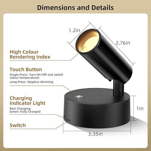Spotlights Indoor with Remote & Touch Dimmable 3CCT, 5500mAh Battery Picture Lights Uplights Indoor with Timer, Mini Uplighting for Painting Tree Wall Gallery Hallway Lights(2 Pack) - color: 2 x Black