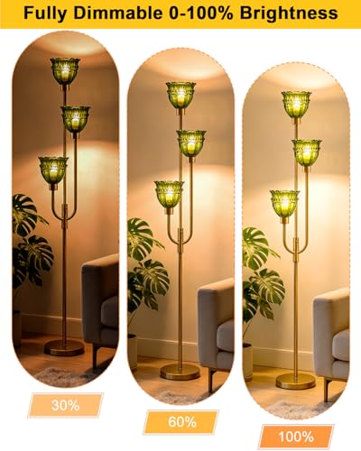 Green Glass Floor Lamp 66IN 3-Light Modern Gold Dimmable Tree Floor Lamps - color: Green Lace-Gold