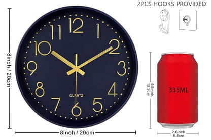Silent Wall Clocks Battery Operated 8 Inch, Analog Wall Clock with Large Number Tempered Glass Clock Face, Navy Blue Quartz Non Ticking Wall Clocks for Living Room Bedroom Kitchen Office - color: Navy Blue, size: 8 Inch