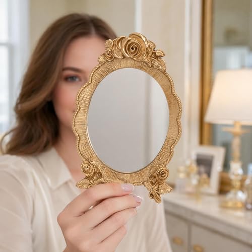 HEALLILY Oval Resin Makeup Mirror Portable European Style Handheld Cosmetic Mirror with Rose Relief Frame Lightweight for Vanity and Travel