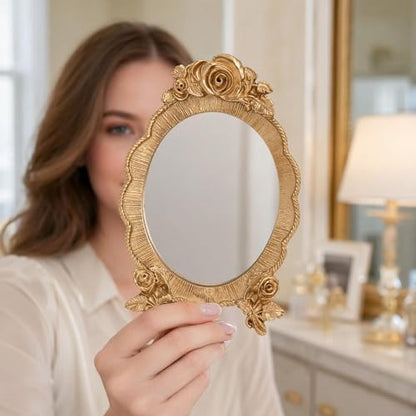 HEALLILY Oval Resin Makeup Mirror Portable European Style Handheld Cosmetic Mirror with Rose Relief Frame Lightweight for Vanity and Travel