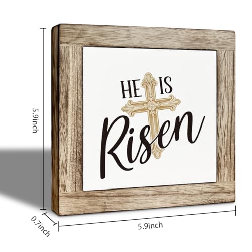 Christian Wooden Box Sign Desk Decor, He Is Risen Easter Religious Wood Sign, Christian Cross Design Faith Based Tabletop Signs for Bedroom Living Room Office Decor 5.9x5.9 Inches - color: Easter 10