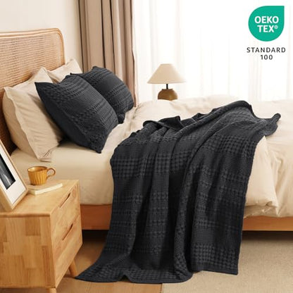 PHF Lightweight 100% Cotton Waffle Throw Blanket for Couch, Black - color: 14 Black, size: Throw(50"x60")