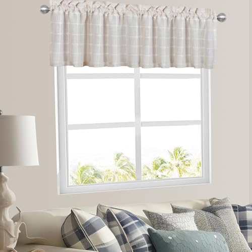 Embroidered Plaid Valances for Kitchen, Light Filtering Linen Textured Semi Sheer Small Window Curtain, Farmhouse Valance Rod Pocket for Bathroom and Cafe Windows (52"W x 18"L, Light Beige, 1 Pack) - color: Light Beige