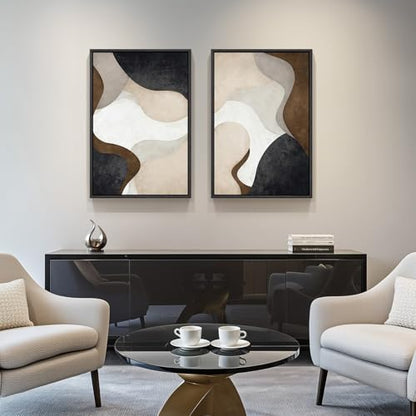 Large Framed Modern Beige Brown Abstract Canvas Wall Art Set of 2, 20x30 In - color: Fluid Shapes, size: 20" W x 30" H x 2Pcs