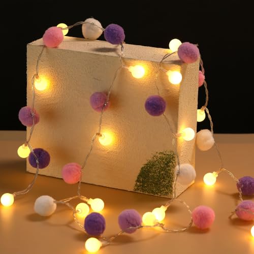 9.84FT Pom Poms Fairy Lights 30 LED Battery & USB Operated String Lights - color: Purple, size: 9.84 FT