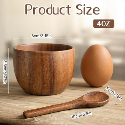4 Pack Acacia Wooden Bowl with 4 Pcs Spoon Wooden Dipping Bowls Round Wood Salad Hand Carved Calabash Dip Tray for Condiments, Jam, Nuts, Appetizer, Snack, Yogurt, Ketchup, Barbecue Sauce(3 Inch) - size: 3 Inch