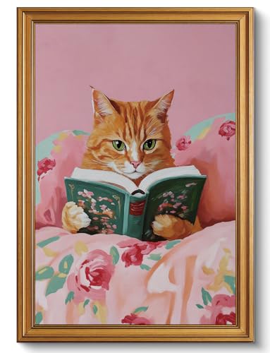 Cat Wall Art Vintage Gold Framed Wall Art Cat Pictures Wall Decor,16x24in - color: Reading cat, size: 16"x24"