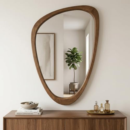 Asymmetrical Irregular Solid Wood Framed Wall Mirror, 24"x36" - color: Walnut, size: 36"L x 24"W