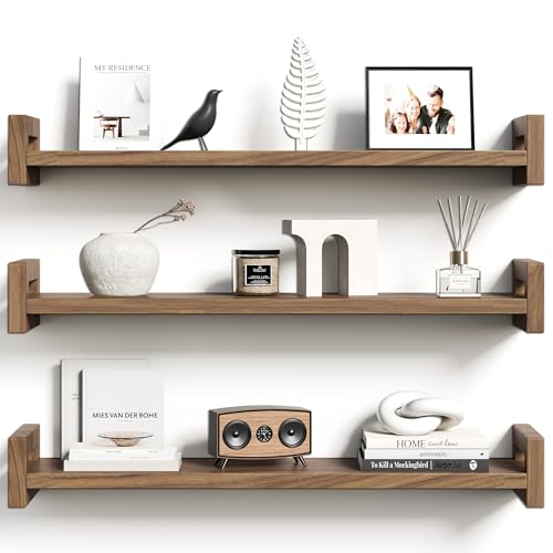 Solid Wood Floating Shelf, 23.6" Wall Shelf for Room, Rustic Walnut, 3 Pack - color: Walnut Brown, size: 23.6 inch