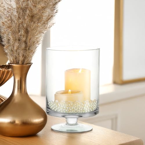WGVI Clear Glass Pedestal Hurricane Candle Holder, 4.4" W, 5.9" H, Decorative Vase for Pillar Candles, Short Stemmed Candleholder Cylinder, Tabletop Centerpieces, Home Décor, Elegant Design, 1 Piece - size: 6" H