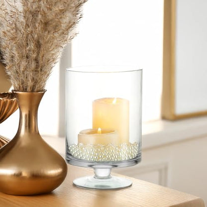 WGVI Clear Glass Pedestal Hurricane Candle Holder, 4.4" W, 5.9" H, Decorative Vase for Pillar Candles, Short Stemmed Candleholder Cylinder, Tabletop Centerpieces, Home Décor, Elegant Design, 1 Piece - size: 6" H