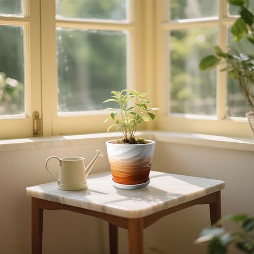 Ceramic Plant Pot, 6.7 + 5.5 Inch, Khaki + White - color: Khaki + White, size: 6.7 + 5.5 Inch-2 Pack