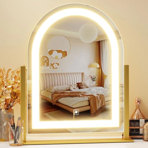 Gvnkvn Arched 17.2 in Lighted Makeup Mirror, 10X Magnifiers - color: Gold, size: 17.2"L x 13.6"W