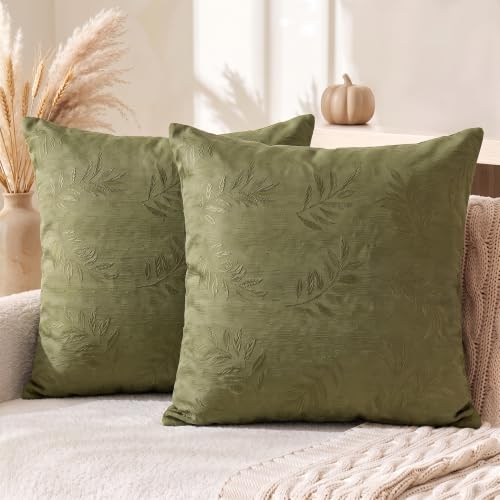 AVOIN colorlife Moss Green Jacquard Decorative Throw Pillow Covers Set of 2, 18 x 18 Inch Laurel Leaves Woven Textured Cushion Case Home Decor for Couch Sofa Bed - color: Moss Green
