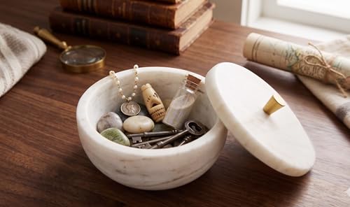 White Marble Storage Box with Copper Knob – Round Decorative Organizer for Jewelry, Trinkets, Bathroom or Office – Natural Marble with Soft Padded Bottom, 5" Diameter x 3.7" H, 3.3 lb