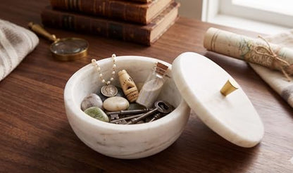 White Marble Storage Box with Copper Knob – Round Decorative Organizer for Jewelry, Trinkets, Bathroom or Office – Natural Marble with Soft Padded Bottom, 5" Diameter x 3.7" H, 3.3 lb