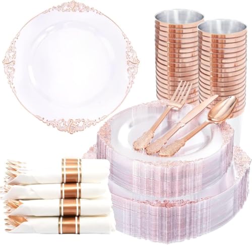 Nervure 350Pcs Rose Gold Plates, Disposable Dinnerware Set for 50 Guests - color: White and Rose Gold