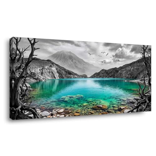 Black and White Mountain Canvas Wall Art Colorful Tropical Floral Lake Landscape Painting Flat Print Gallery Wrapped Artwork for Living Room Bedroom Bathroom Decor, 58X28 INCH - color: Black Mountain Lake 19, size: 58"L x 28"W, style: Mysterious