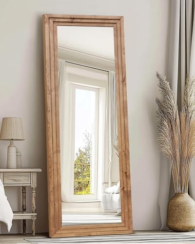 65x24in Full Length Mirror, 3-Tier Stepped Solid Wood Frame - color: Light Brown, size: 65"L x 24"W