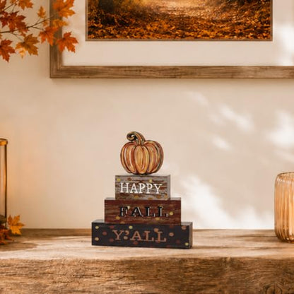 Smile Fall Wooden Block Decor Signs Pumpkin Plaque HAPPY FALL Y'ALL Tiered Tray Tabletop Signs for Autumn Harvest Thanksgiving Home Decor - style: Fall Y’all