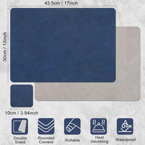 Vinyl Placemats Set of 4, Dual Sided Place Mats with Drink Coasters - color: Navy Blue/Light Gray Two-tone, size: Set of 4