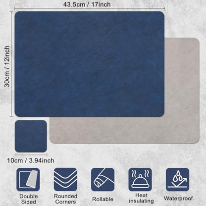 Vinyl Placemats Set of 4, Dual Sided Place Mats with Drink Coasters - color: Navy Blue/Light Gray Two-tone, size: Set of 4