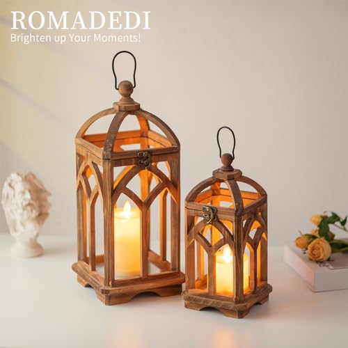 Romadedi Farmhouse Wood Candle Lantern Decorative 12"/16", Set of 2, Brown - color: Brown