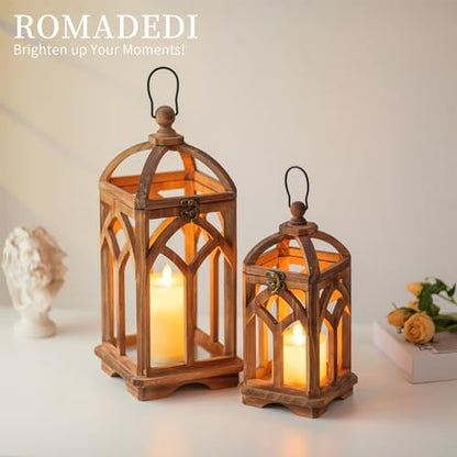 Romadedi Farmhouse Wood Candle Lantern Decorative 12"/16", Set of 2, Brown - color: Brown
