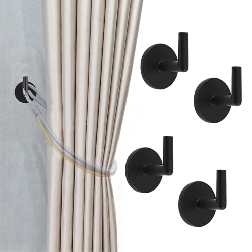 INCREWAY 4PCS Curtain Hooks, Self Adhesive Wall Mounted Drapery Tieback Holders, Non-Trace Stick Metal Wall Hook, Storage Holder Curtain Hooks Hanger for Home Decor (Black) - color: Black, size: 4pcs