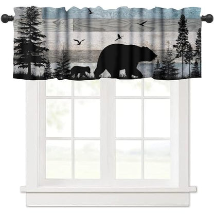 Rustic Bear Valance, Retro Woodland Wild Animals Farmhouse Country Wooden Board Pine Forest Bear Bird Print Rod Pocket Short Window Treatment for Kitchen Bedroom Bathroom, 54x18inch - color: Deer-6