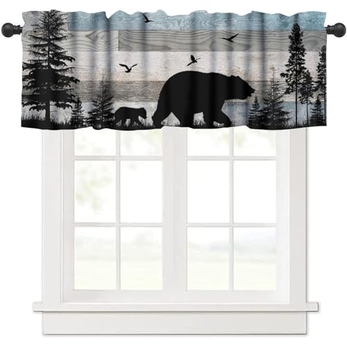 Rustic Bear Valance, Retro Woodland Wild Animals Farmhouse Country Wooden Board Pine Forest Bear Bird Print Rod Pocket Short Window Treatment for Kitchen Bedroom Bathroom, 54x18inch - color: Deer-6