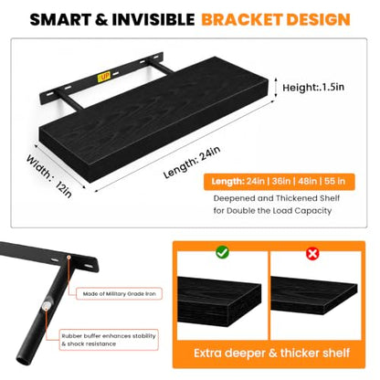 RICHER HOUSE 12" Deep Floating Shelves, 24x12 Inch Long Black Wall Shelf - color: Black, size: 24in