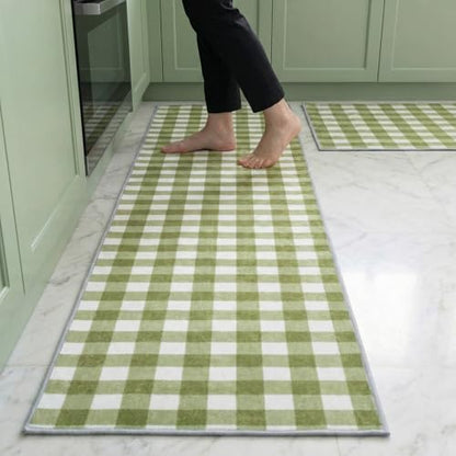 Dunzy 2 Pcs Sage Green Kitchen Mat Farmhouse Plaid Runner Non-Slip Washable - color: Sage Green