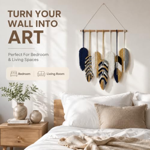 Betylifoy Macrame Wall Hanging Tapestry Boho Leaf Feather Wall Decor - color: Blue Yellow