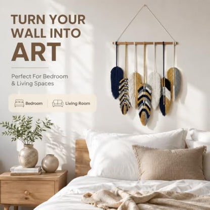 Betylifoy Macrame Wall Hanging Tapestry Boho Leaf Feather Wall Decor - color: Blue Yellow