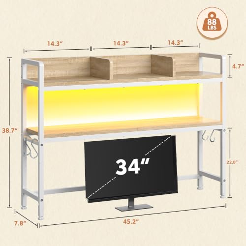 REIBII 2-Tier Desk Shelf, LED, Bedroom and Home Office, White - color: White, size: 7.8"D x 45.2"W x 38.7"H