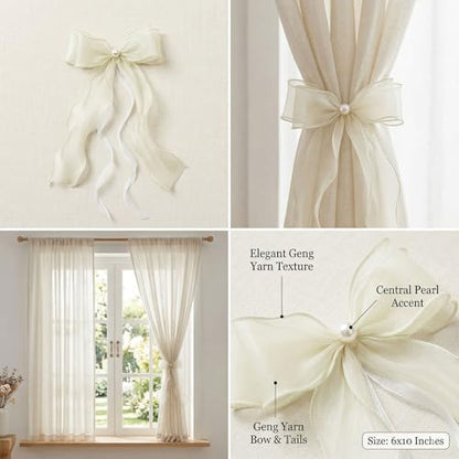White Lace Bow Curtain Tiebacks 6-Pack, Vine Floral Curtain Holdbacks - color: Creamy Ivory