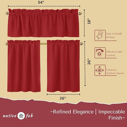 Native Fab 3 Pieces Window Curtain Tiers 26"x36" and Valance 54"x18" Set - Rod Pocket - Semi Sheer - Short Curtain for Kitchen, Bathroom, Living Room - Red - color: Red