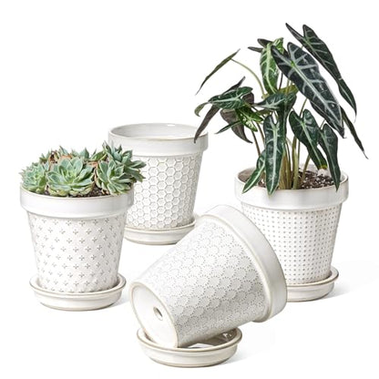 LE TAUCI Ceramic Plant Pots, 6 Inch Flower Pot with Drainage Hole & Saucer, Embossed Planter Pots for Indoor Plant Succulent, Orchid, Cactus, Home Decor - Set of 4, Arctic White - size: 6 inch