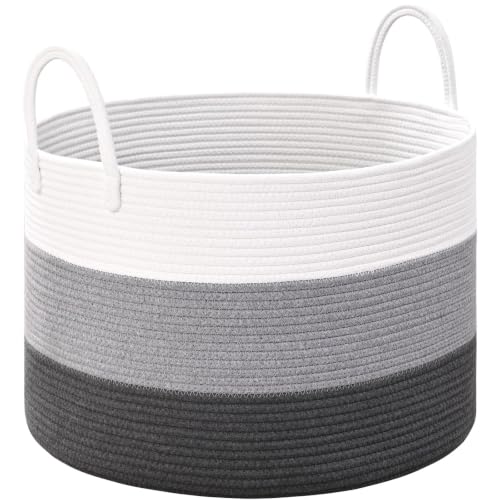 67L Large Woven Blanket Basket, Cotton Rope Baby Laundry Hamper with Handles, Kids Toy Basket for Classroom & Nursery, Soft Round Stuffed Animal Storage, Dog Toy Bin - 20"x13", Gray - color: Dark Gray - W, size: Wide (20"D×13"H)