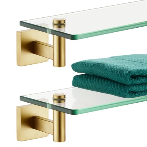KOKOSIRI Wall Shelves Floating Shelf 16'' Gold Stainless Steel Bathroom Hardware Tempered Glass Hanging Rack Storage/Room Decor 2 Pack B1105BG-L16-P2 - color: Brushed Gold, size: 16-Inch(2 Pack)