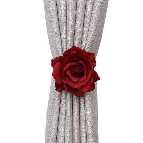 Magnetic Curtain Tiebacks, Rose Flower Tie Backs Rope - color: Burgundy-2pack