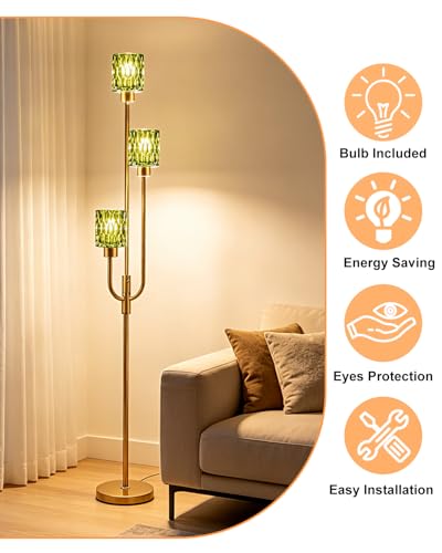 66IN Glass Floor Lamp 3-Light Modern Green Glass Gold Dimmable Floor Lamps - color: Green Cylinder-Gold